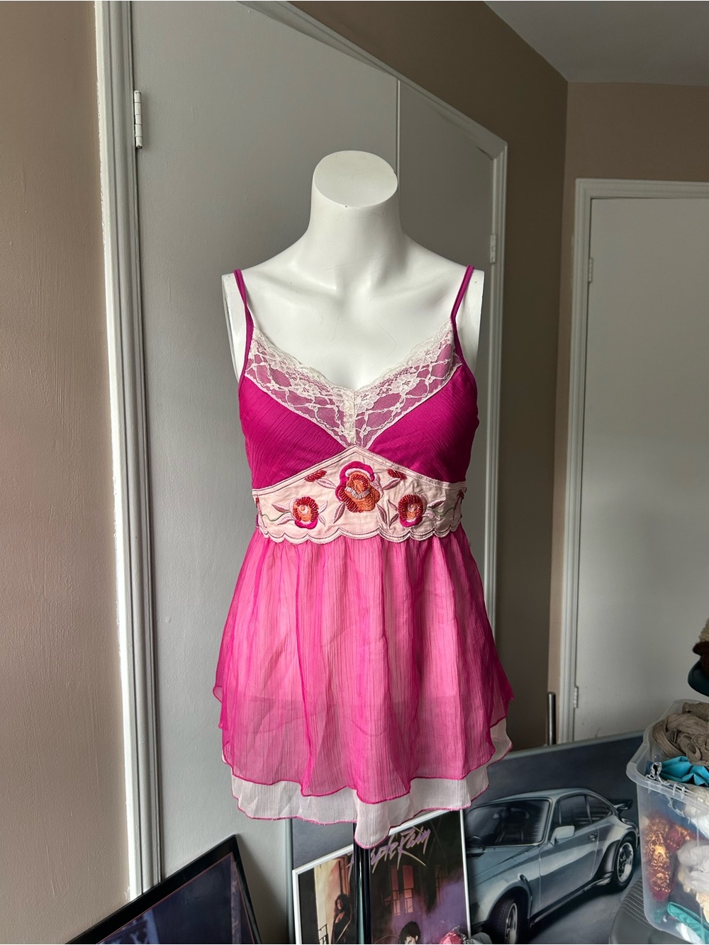 Y2K Pink Lace-Trim Babydoll Chemise
